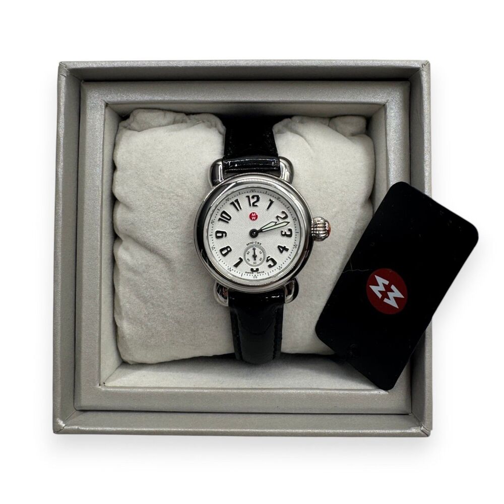 NWT Michele Mini CSX 26mm Swiss Watch Sapphire Black Patent Leather Box Rare